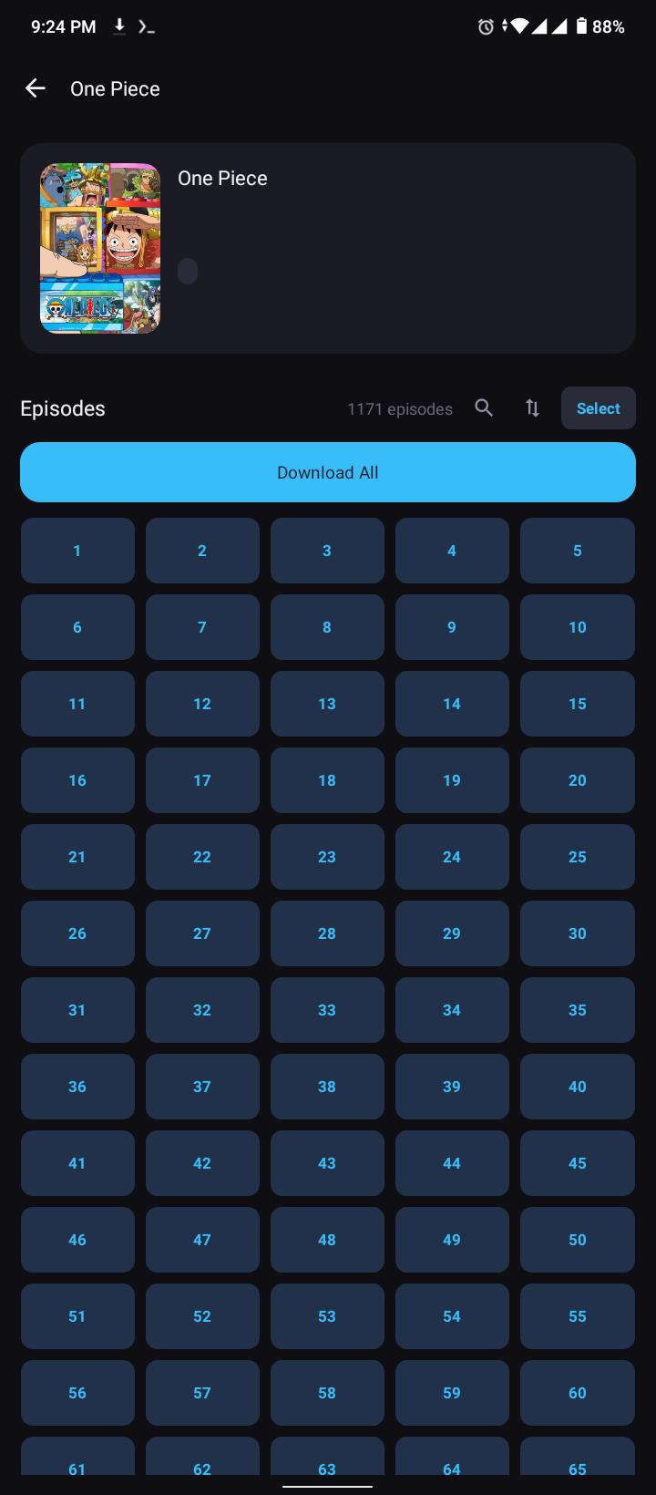 MiruDL app screenshot showing the detail screen: Browse episodes organized by season and number