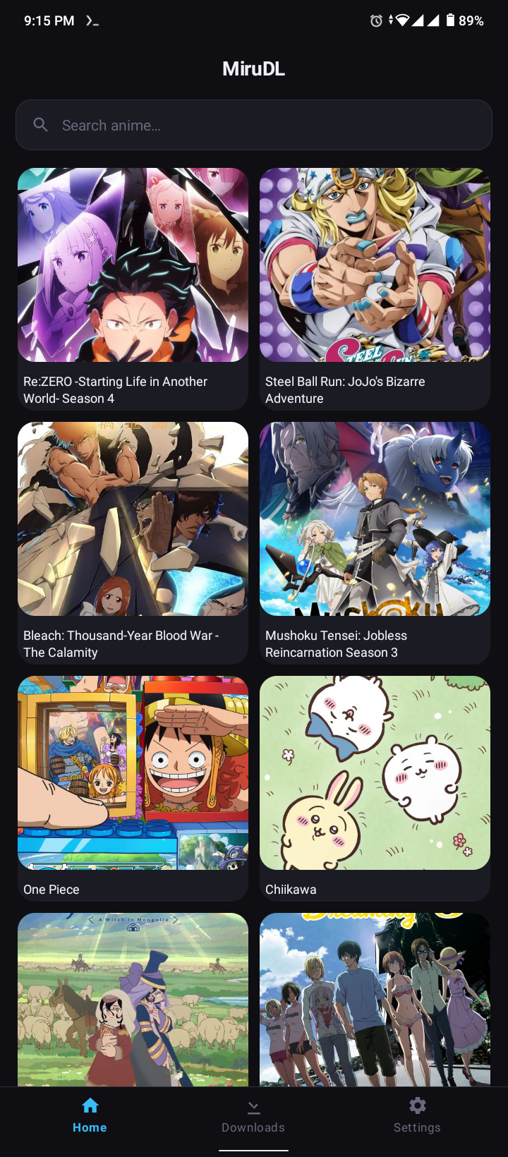 MiruDL app screenshot showing the home screen: Search and discover anime on the MiruDL home screen